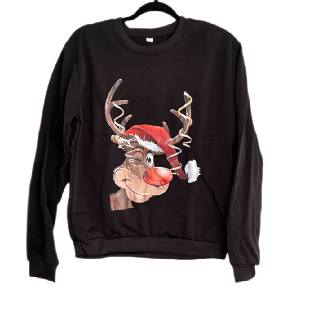 Black Christmas Reindeer Graphic Sweatshirt Pullover Holiday Crewneck Medium